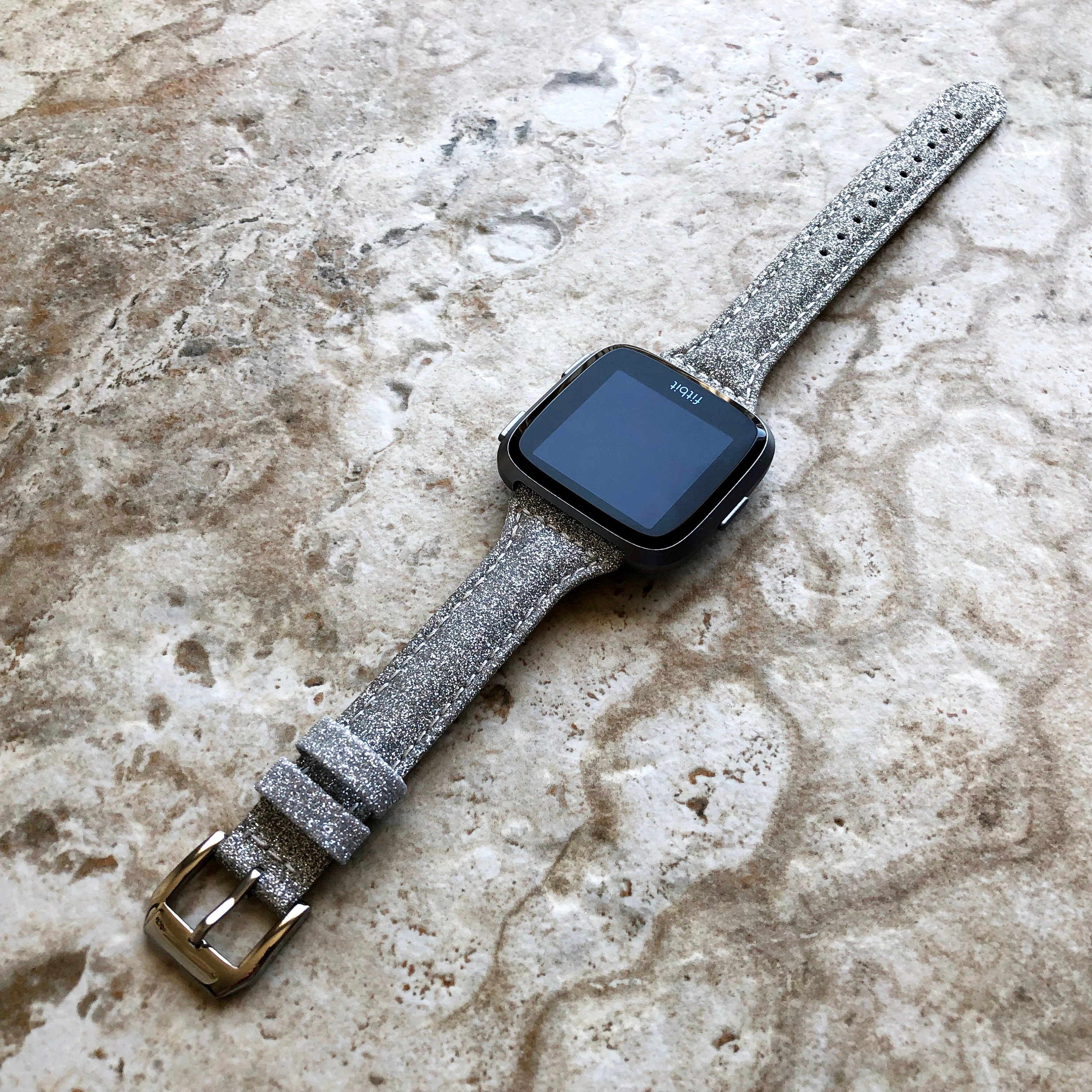 Fitbit Versa 2 3 4 Sense 2 Band Silver Sparkling Glitter Slim Elegant Soft Leather Strap with Stitching Details Quick Release Attachments